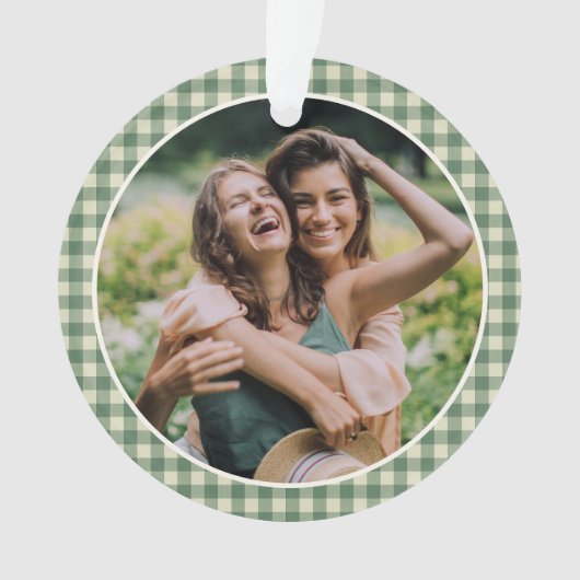 Rustic Green Gingham Foto Moderne Kerstmis Ornament (voorkant)