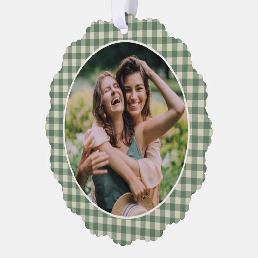 Rustic Green Gingham Foto Moderne Kerstmis Ornament Kaart (Links)