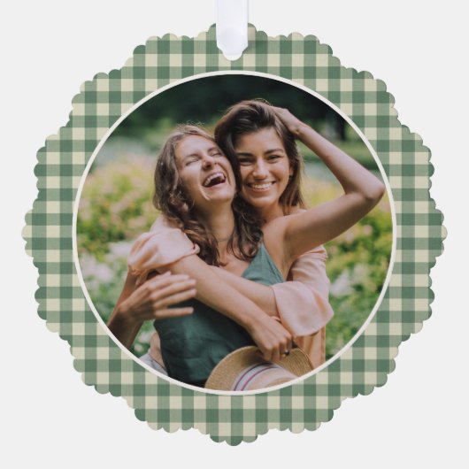 Rustic Green Gingham Foto Moderne Kerstmis Ornament Kaart (Voorkant)