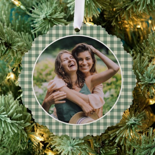 Rustic Green Gingham Foto Moderne Kerstmis Ornament Kaart (Insitu (Drie))