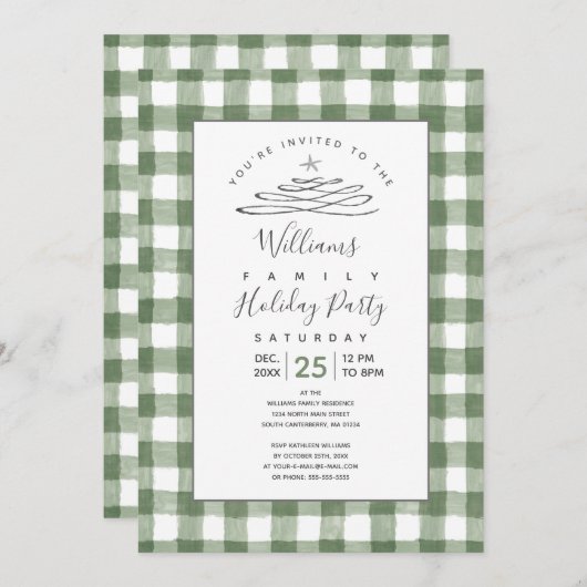 Rustic Green Gingham Holiday Uitnodiging (Voorkant / Achterkant)
