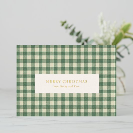 Rustic Green Gingham Modern Kerstmis Folie Feestdagenkaart (Staand Voorkant)
