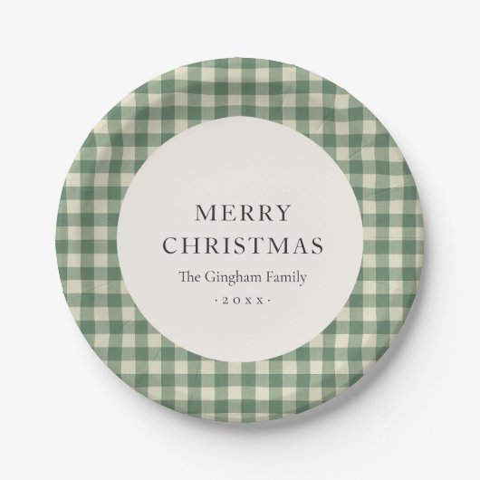 Rustic Green Gingham Modern Kerstmis Papieren Bordje (Voorkant)