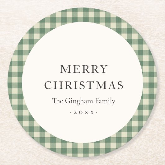 Rustic Green Gingham Modern Kerstmis Ronde Kartonnen Onderzetter (Voorkant)