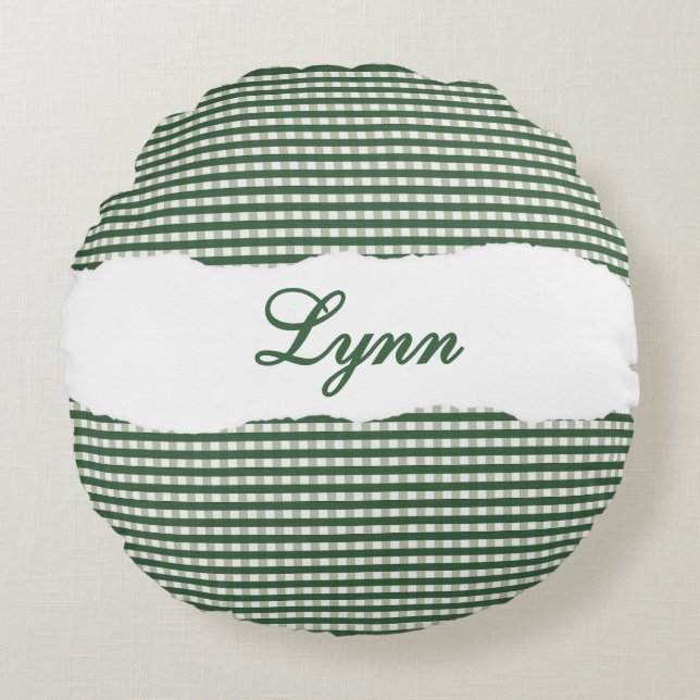 Rustic Green Gingham Personalized Name Rond Kussen (Voorkant)