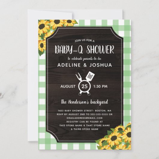 Rustic Green Gingham Sunflower Baby-Q-Shower Kaart (Voorkant)