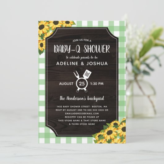 Rustic Green Gingham Sunflower Baby-Q-Shower Kaart (Staand voorkant)
