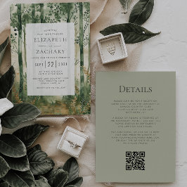 Rustic Green Gold Woodland QR Code Huwelijk Kaart