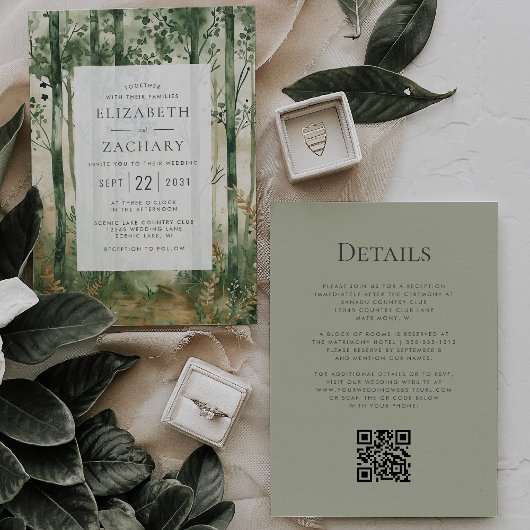 Rustic Green Gold Woodland QR Code Huwelijk Kaart