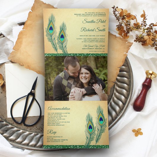 Rustic Green Indische Pauwveren Bruiloft Drieluik Uitnodiging