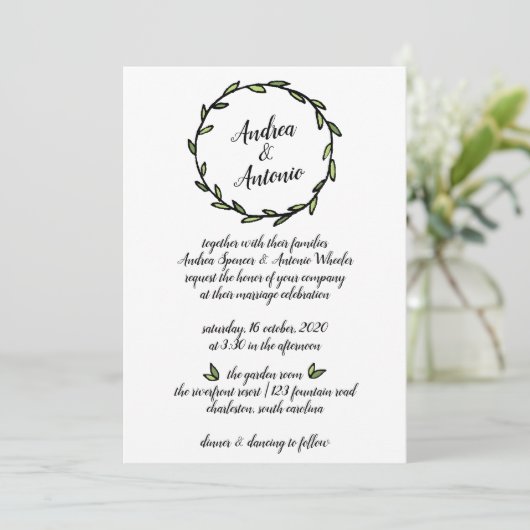 Rustic Green Leafy Wreath Wedding Kaart (Staand voorkant)
