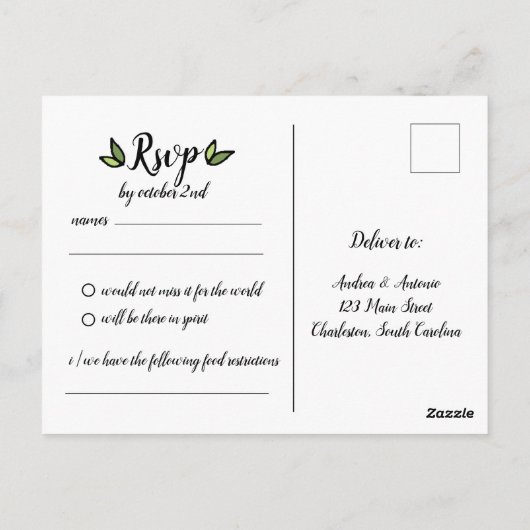 Rustic Green Leafy Wreath Wedding RSVP Kaart (Achterkant)