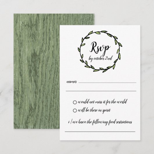 Rustic Green Leafy Wreath Wedding RSVP Kaart (Voorkant / Achterkant)