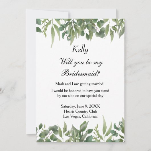 Rustic Green Leaves Greenery Foliage Bridesmaid Kaart (Voorkant)
