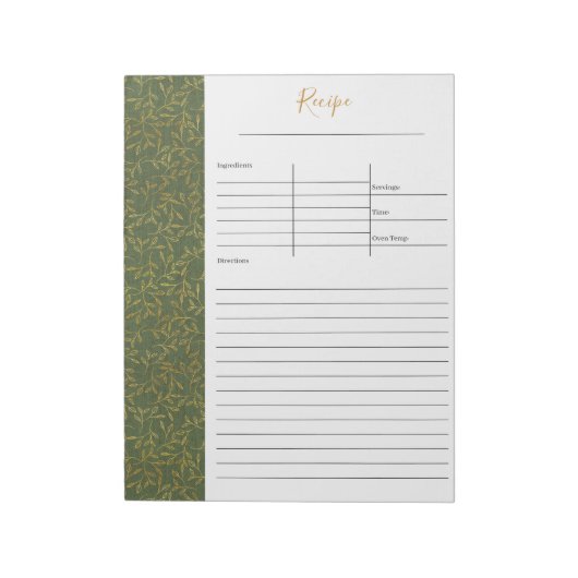 Rustic Green Linen Gold Leaf Blank Recipe Notitieblok (Linkerzijde)