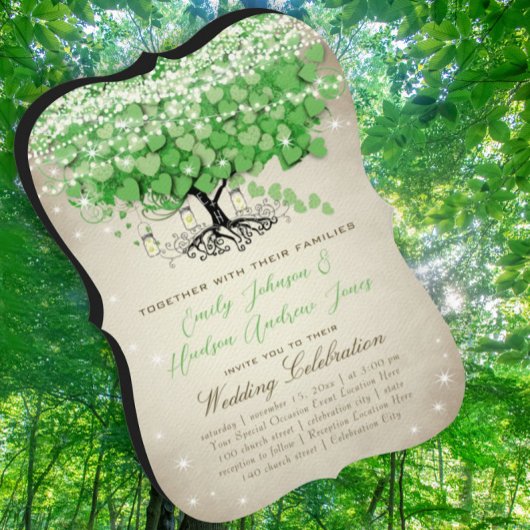 Rustic Green Mason Jar Heart Leaf Tree Wedding Kaart