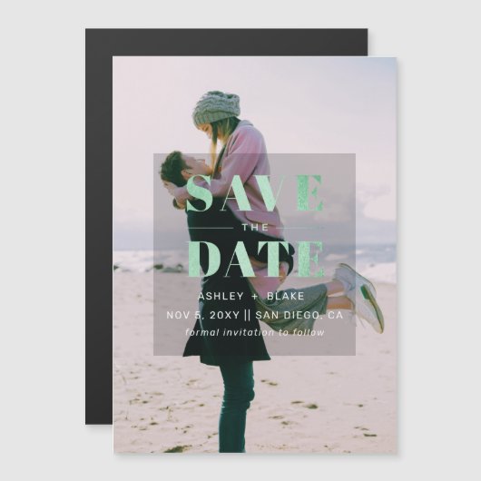 Rustic Green Modern Minimalist Photo Save the Date Magnetische Uitnodiging (Voorkant / Achterkant)