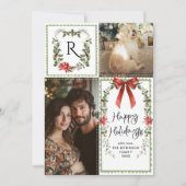 Rustic Green Monogram Bow Merry Christmas 2 Foto Feestdagenkaart (Voorkant)