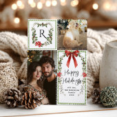 Rustic Green Monogram Bow Merry Christmas 2 Foto Feestdagenkaart