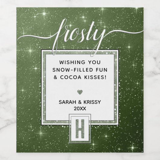 Rustic Green Monogram FROSTY ❄️ Snowy Vibe Wijn Etiket (Enkel label)