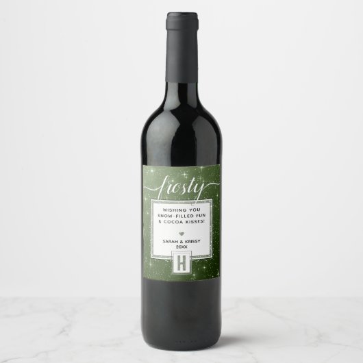 Rustic Green Monogram FROSTY ❄️ Snowy Vibe Wijn Etiket (Voorkant)
