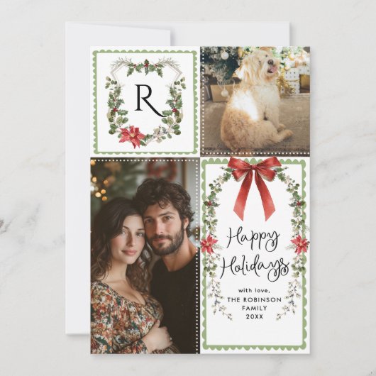 Rustic Green Monogram Vrolijk Kerstfeest 2 Foto Feestdagenkaart (Voorkant)