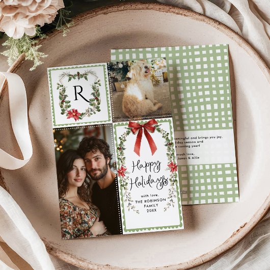 Rustic Green Monogram Vrolijk Kerstfeest 2 Foto Feestdagenkaart