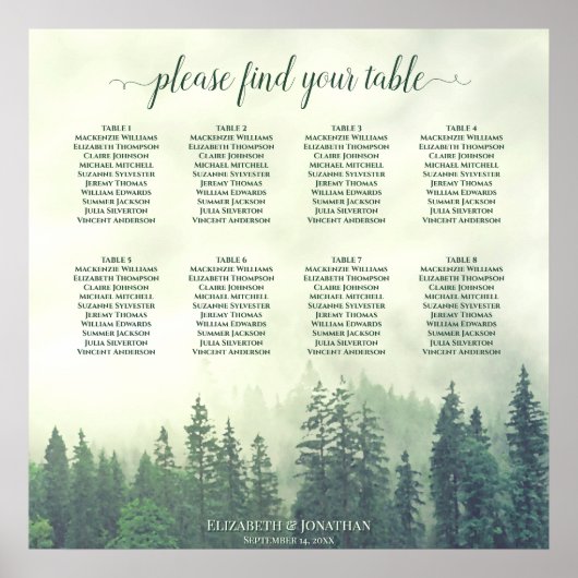 Rustic Green Mountain Pines 8 Table Seating Chart Poster (Voorkant)