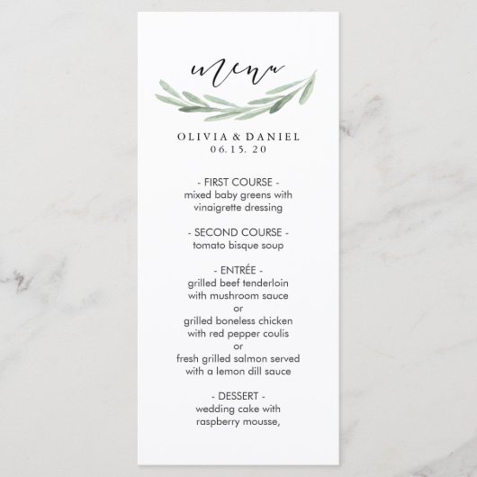 Rustic Green Olive Branch Simple Wedding Menu Card (Voorkant)