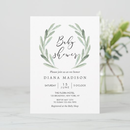 Rustic Green Olive Branch Wreated Baby shower Kaart (Staand voorkant)