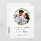 Rustic Green Olive Leaf Wreatfoto Save the Date Aankondigingskaart (Voorkant / Achterkant)