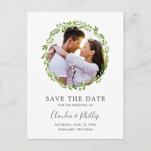 Rustic Green Olive Leaf Wreatfoto Save the Date Aankondigingskaart (Voorkant)