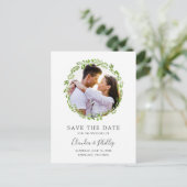 Rustic Green Olive Leaf Wreatfoto Save the Date Aankondigingskaart (Staand voorkant)