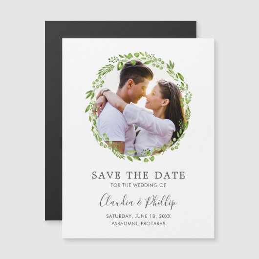 Rustic Green Olive Leaf Wreatfoto Save the Date Magnetische Uitnodiging (Voorkant / Achterkant)