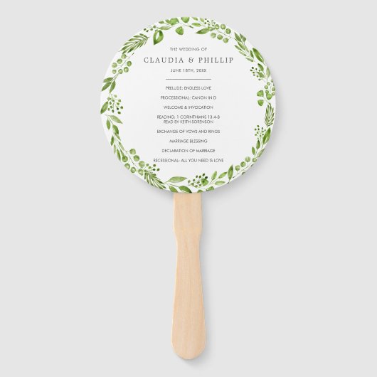 Rustic Green Olive Wreath Wedding Programme Handwaaier (Voorkant)