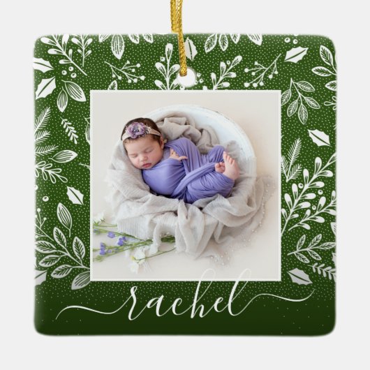 Rustic Green Photo Ornament met Greenery (Voorkant)