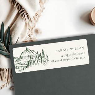 Rustic Green Pine Bossen Mountain Sketch Adres Etiket