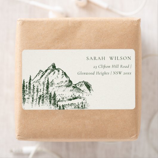 Rustic Green Pine Bossen Mountain Sketch Adres Etiket (Insitu)