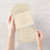 Rustic Green Pine Bossen Mountain Sketch Wedding All In One Uitnodiging (Afscheurbaar)