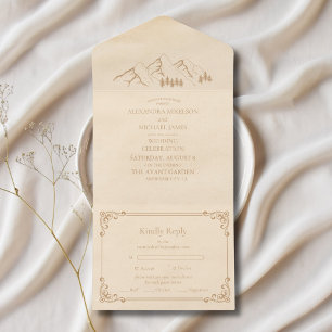 Rustic Green Pine Bossen Mountain Sketch Wedding All In One Uitnodiging