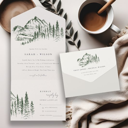Rustic Green Pine Bossen Mountain Sketch Wedding All In One Uitnodiging