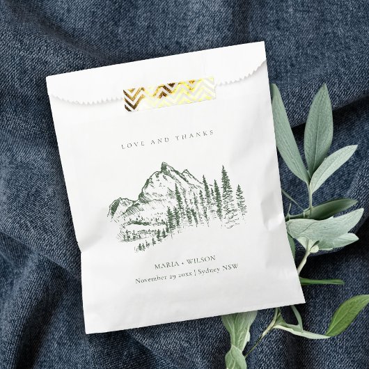Rustic Green Pine Bossen Mountain Sketch Wedding Bedankzakje