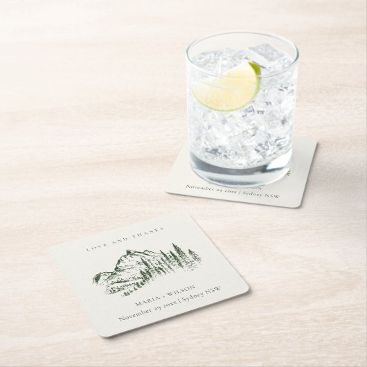 Rustic Green Pine Bossen Mountain Sketch Wedding Kartonnen Onderzetters (Insitu)