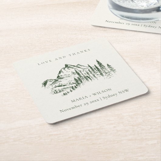 Rustic Green Pine Bossen Mountain Sketch Wedding Kartonnen Onderzetters (Schuin)