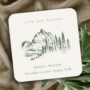 Rustic Green Pine Bossen Mountain Sketch Wedding Kartonnen Onderzetters