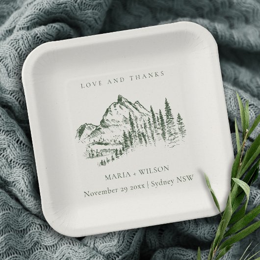 Rustic Green Pine Bossen Mountain Sketch Wedding Papieren Bordje