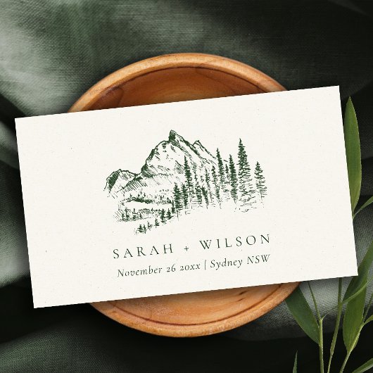 Rustic Green Pine Bossen Mountain Sketch Wedding Plaatskaartje
