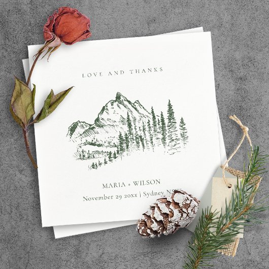 Rustic Green Pine Bossen Mountain Sketch Wedding Servet