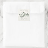 Rustic Green Pine Bossen Mountain Sketch Wedding Vierkante Sticker (Tas)