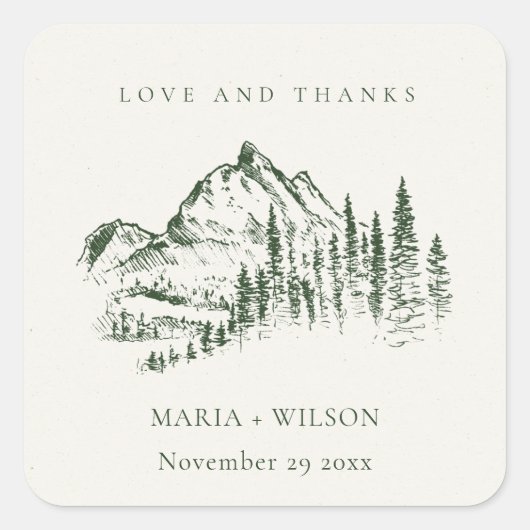 Rustic Green Pine Bossen Mountain Sketch Wedding Vierkante Sticker (Voorkant)